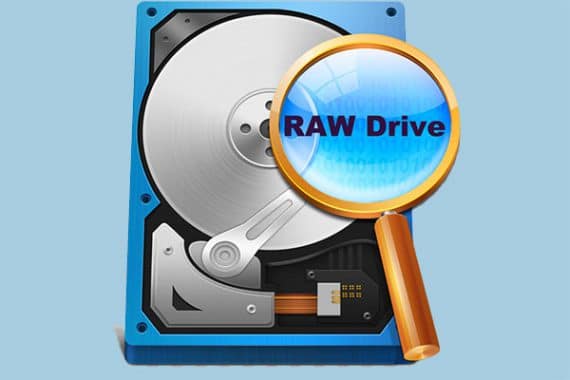 grafika otwartego dysku z lupą powiekszającą napis raw drive